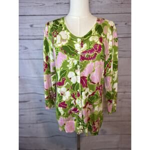 Talbots Green Pink White Floral Cardigan Sweater Medium Cotton Rayon Blend